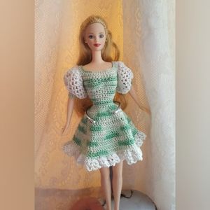 Hand Crocheted Green and White Barbie Doll Dress